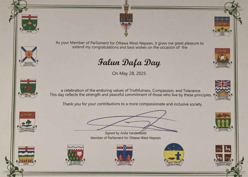 Image for article Canada: Elected Officials at All Levels of Government Send Congratulatory Letters for the 26th World Falun Dafa Day (Part 4)